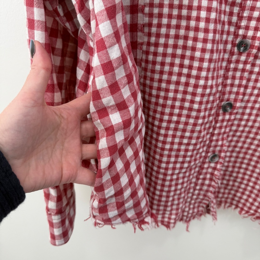 Oli & Hali Multi Buffalo Check Fringe Button Up Top Shacket L Red Side Pockets - Picture 4 of 9